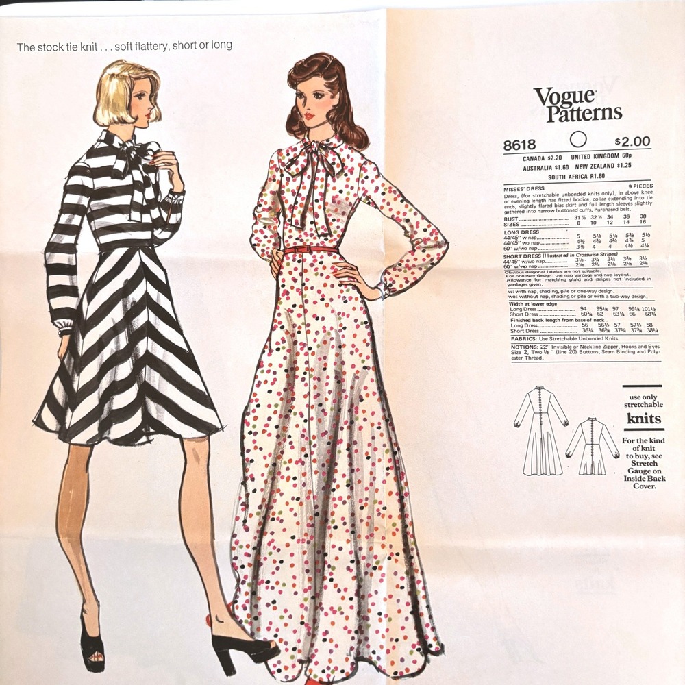 Vogue 8618 Vtg 1970s Jet Set Glam Fit And Flare Dress Sz 10 Retro Catalog Pg UC